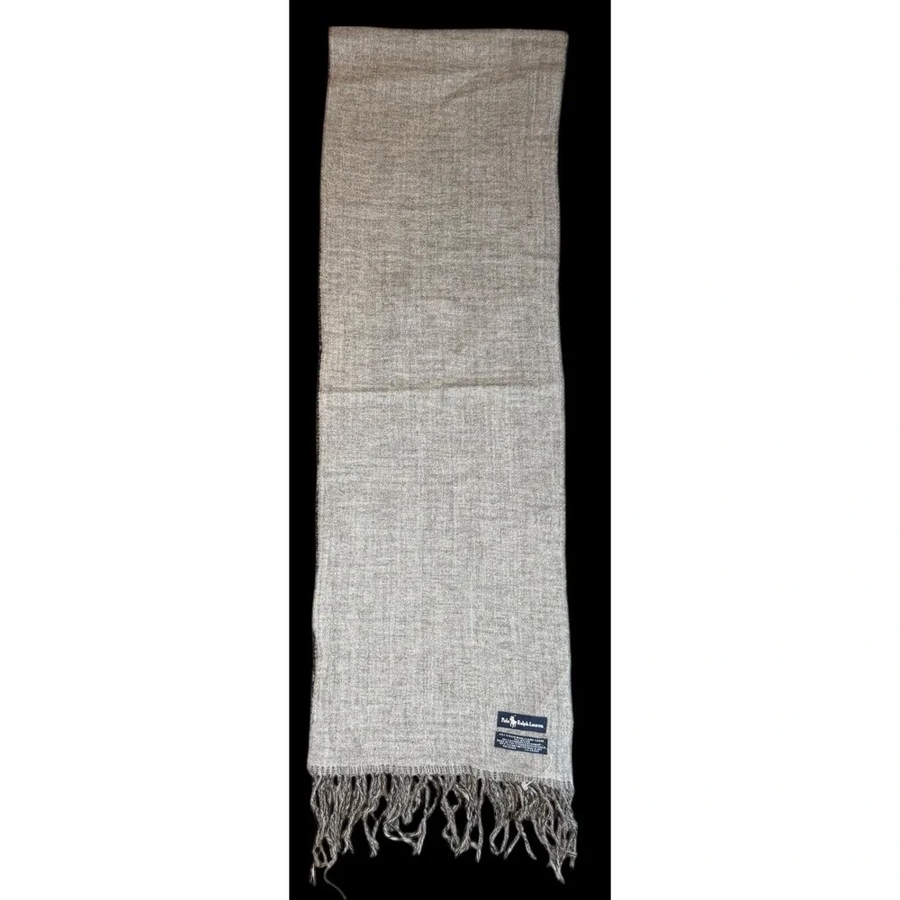 Polo Ralph Lauren Virgin Wool/Cashmere Black Gray Plaid Fringe Scarf Italy 11x70